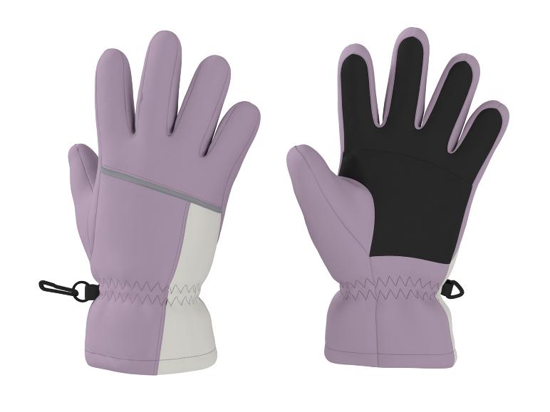 Gants de ski violets et blancs avec détails noirs et réfléchissants.