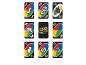 Neuf cartes à jouer avec des motifs de cartes d'action et une carte joker avec le logo du jeu.