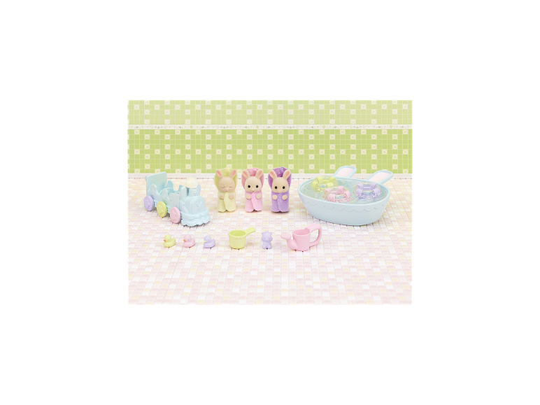 Ensemble de jouets de bain avec lapins, train, canards et accessoires aux couleurs pastel.