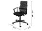 Chaise de bureau noire avec dossier en maille et roulettes, dimensions : 97,5-107cm de hauteur, 59,5cm de largeur et 55cm de profondeur.
