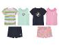 Ensemble de vêtements d'été pour filles : t-shirts rayés et à imprimés glaces, shorts assortis.