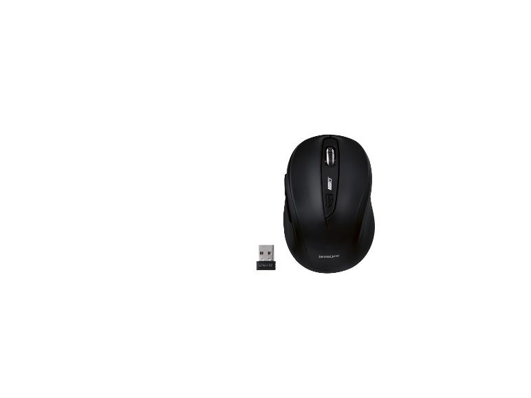 Une souris sans fil noire Silvercrest avec un récepteur USB.