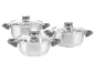 Ensemble de trois casseroles en acier inoxydable avec couvercles en verre.
