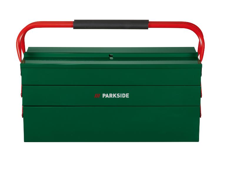 Boîte à outils verte avec poignées rouges et prise noire.