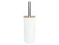 Un porte-brosse de toilette blanc avec un couvercle en bois.
