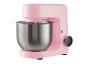 Robot pâtissier rose avec bol en acier inoxydable et affichage numérique.