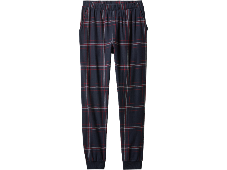 Pantalon de pyjama homme à carreaux bleu foncé avec rayures rouges et blanches.