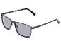 Lunettes de soleil grises avec monture rectangulaire et verres foncés.