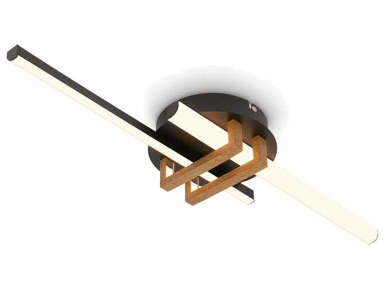 Plafonnier moderne avec éléments noirs et bois et éclairage LED intégré.