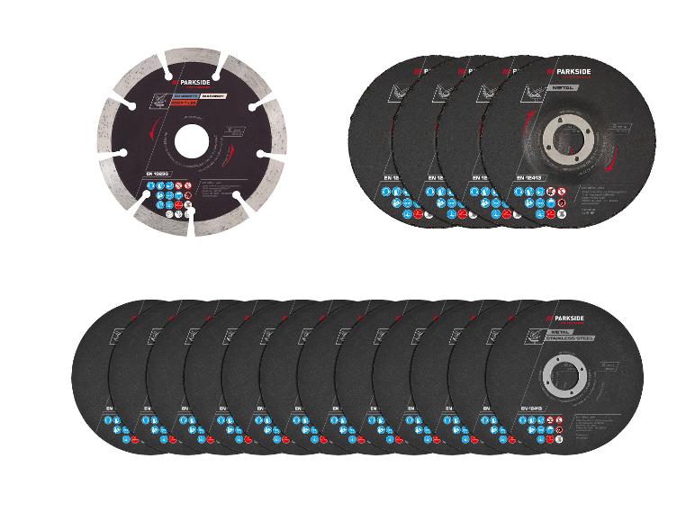 Un disque de coupe diamanté pour béton et maçonnerie, et deux piles de disques abrasifs pour métal.