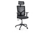 Chaise de bureau noire avec dossier en mesh et appui-tête.