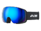 Masque de ski avec verres miroir bleus et sangle noire avec logo blanc.