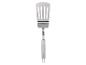 Spatule de cuisine métallique avec fentes et manche en acier inoxydable.