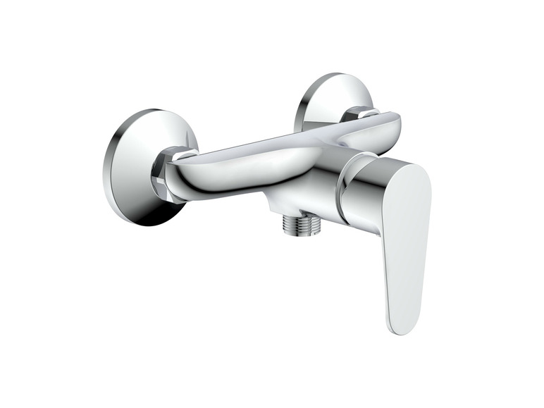 Un robinet de douche chromé avec une poignée ronde.