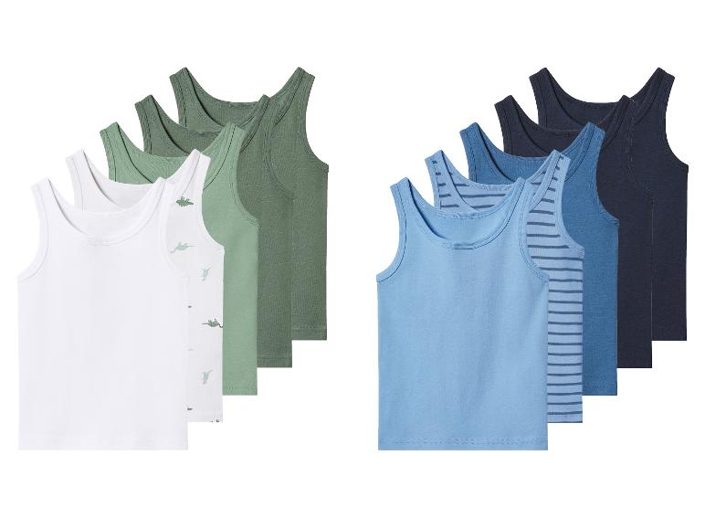 Six débardeurs pour garçons : trois verts et trois bleus, dont un rayé.