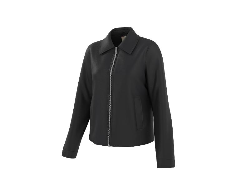 Blouson en cuir noir avec fermeture éclair et col, isolé sur fond blanc.