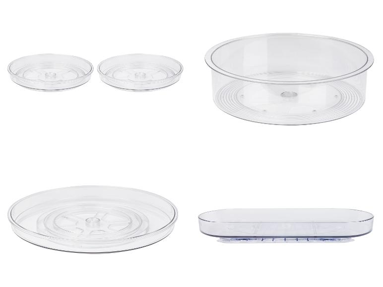 Trois récipients de rangement tournants transparents ronds et un ovale.