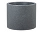 Un pot de fleurs rond et gris.