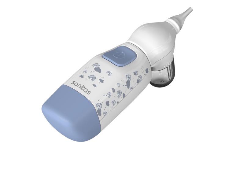 Aspirateur nasal électrique blanc et bleu avec des motifs de nuages et d'arcs-en-ciel.