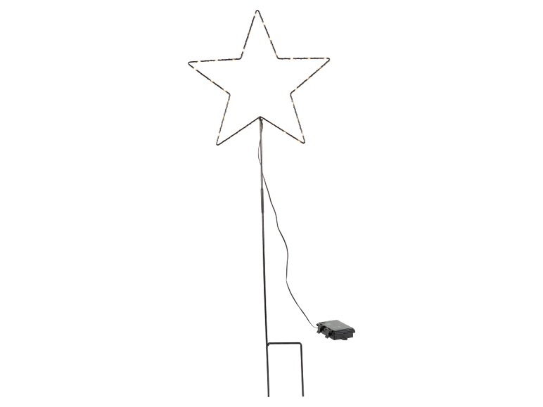 Étoile lumineuse de Noël avec piquet de terre et boîtier de batterie.