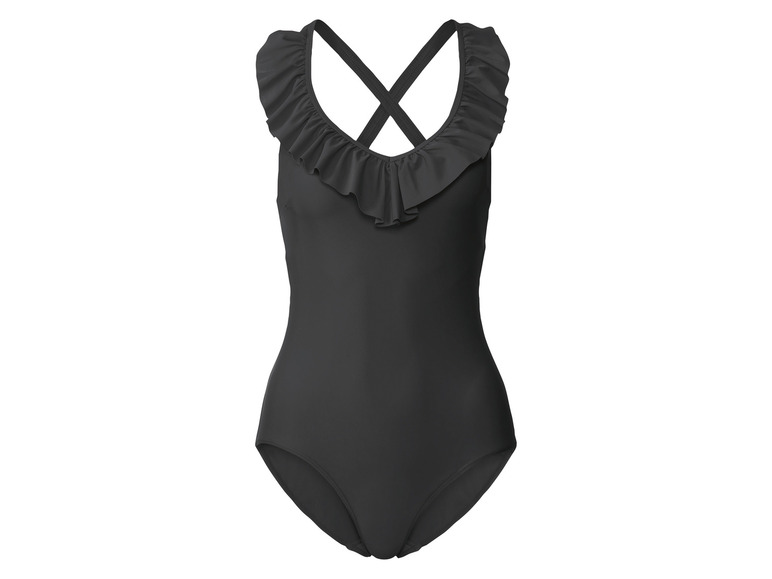 Un maillot de bain noir à volants.
