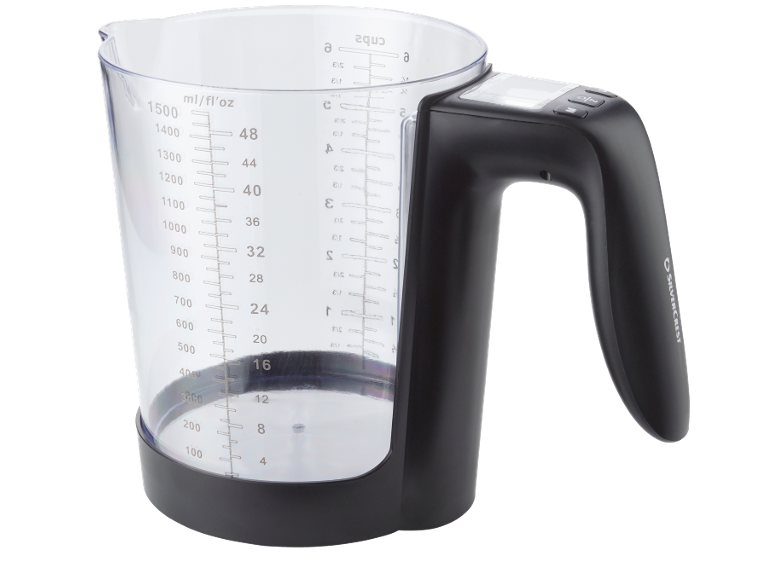 Pichet doseur avec balance intégrée, affichant ml/fl'oz et tasses