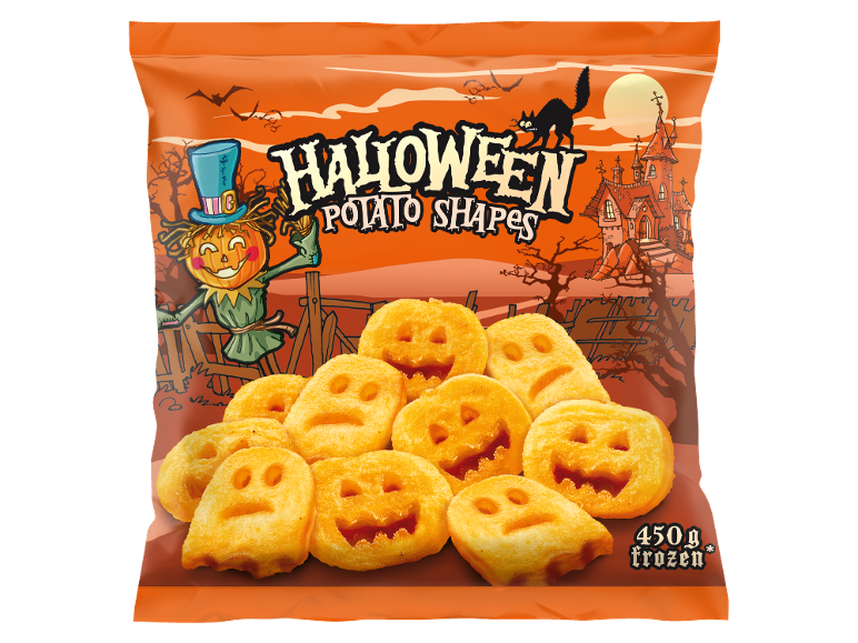 Pommes de terre frites formes Halloween: citrouilles et fantômes, sur fond de dessin animé.