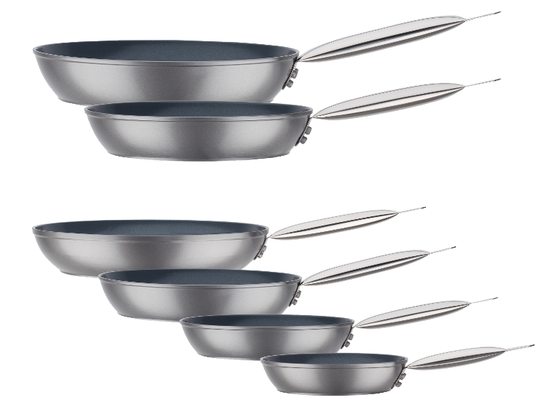 Ensemble de poêles GSW Gastro Quick en gris, avec deux tailles en haut et quatre en bas.