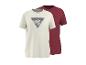 Deux t-shirts à manches courtes, un crème avec un imprimé montagne et un bordeaux.