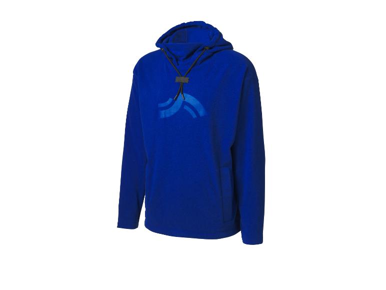 Sweat à capuche bleu avec cordons, orné d'un logo stylisé sur la poitrine.