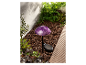 Lampe solaire en forme de champignon violet dans un jardin.