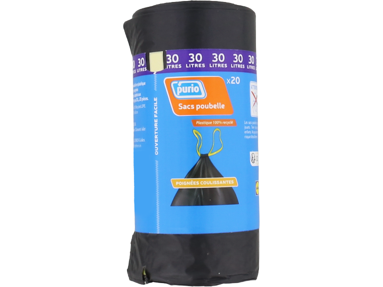 Sacs poubelle noirs de 30 litres avec poignées coulissantes, plastique 100% recyclé, 20 pièces.