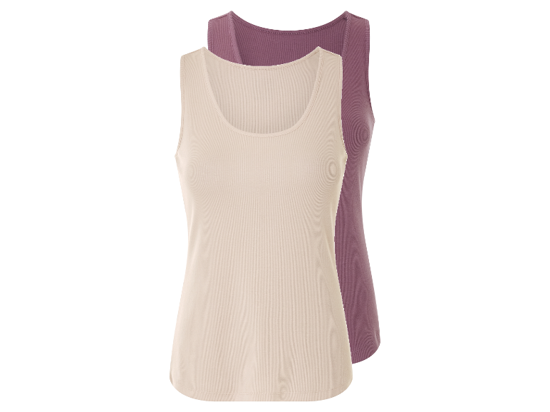 Deux débardeurs côtelés beige et mauve.