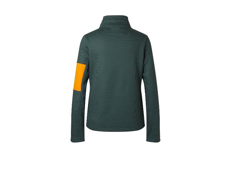 Une veste polaire vert foncé avec un détail orange sur la manche.