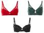 Trois soutiens-gorge en dentelle rouge, verte et noire.