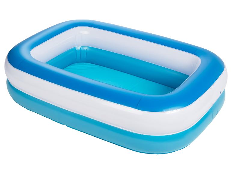 Piscine gonflable rectangulaire bleue et blanche pour enfants.