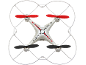 Drone quadricoptère blanc avec hélices rouges et noires vu du dessus