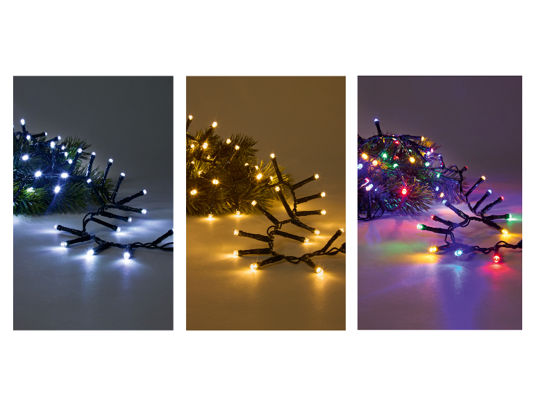 Guirlandes de Noël LED blanches, blanc chaud et multicolores sur des branches de sapin.