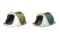 Deux tentes Crivit pliables, une vert olive et beige, l'autre vert-gris et jaune.