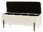 Banc de rangement bouclé blanc avec couvercle ouvert et intérieur noir, sur pieds en métal noir.