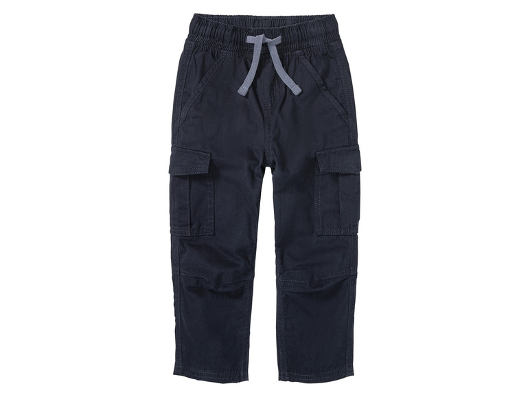 Pantalon cargo bleu foncé avec cordon de serrage.