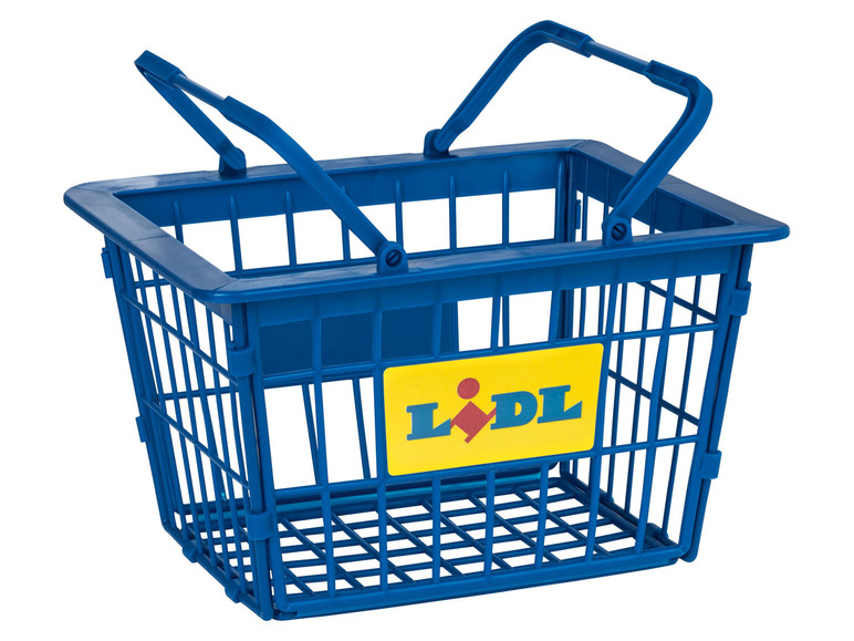Un panier de courses bleu de Lidl avec des poignées.