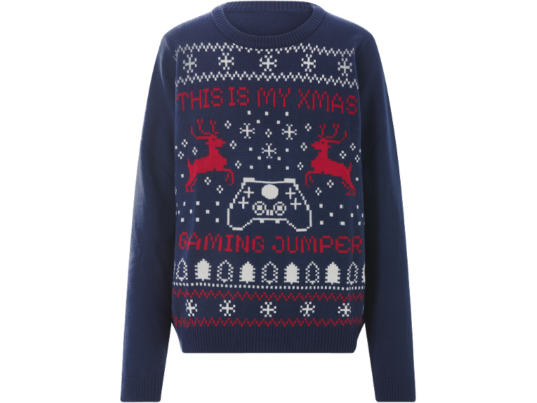 Pull de Noël bleu sur le thème du jeu vidéo avec motif de rennes et de manette
