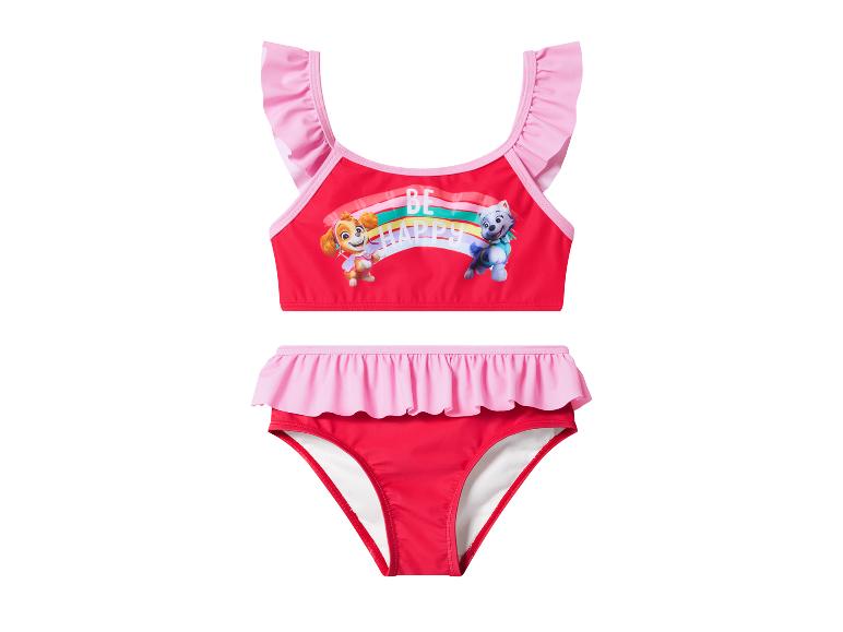 Maillot de bain deux pièces rouge avec volants roses et imprimé chiots avec le texte « BE HAPPY ».