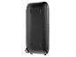 Grande enceinte portable noire avec roues, posée sur le côté.