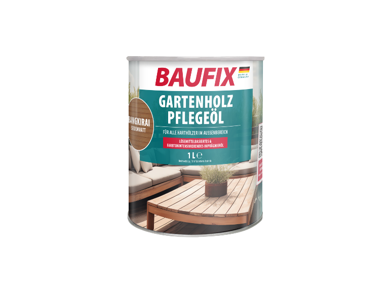 Huile de soin pour bois d'extérieur Baufix, pour hard wood.