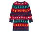 Une robe de Noël rouge et bleue avec des rennes, des arbres et des cloches.