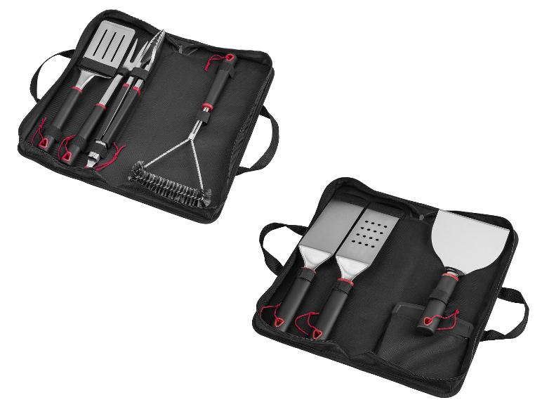 Ensemble d'outils de barbecue avec spatules, pinces, fourchette et brosse dans une mallette noire.