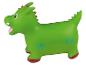 Jouet sauteur gonflable vert en forme de dragon avec cornes et épines rouges, et détails de nuages bleus.