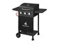 Barbecue à gaz noir sur un support avec trois brûleurs et le logo Grillmeister.